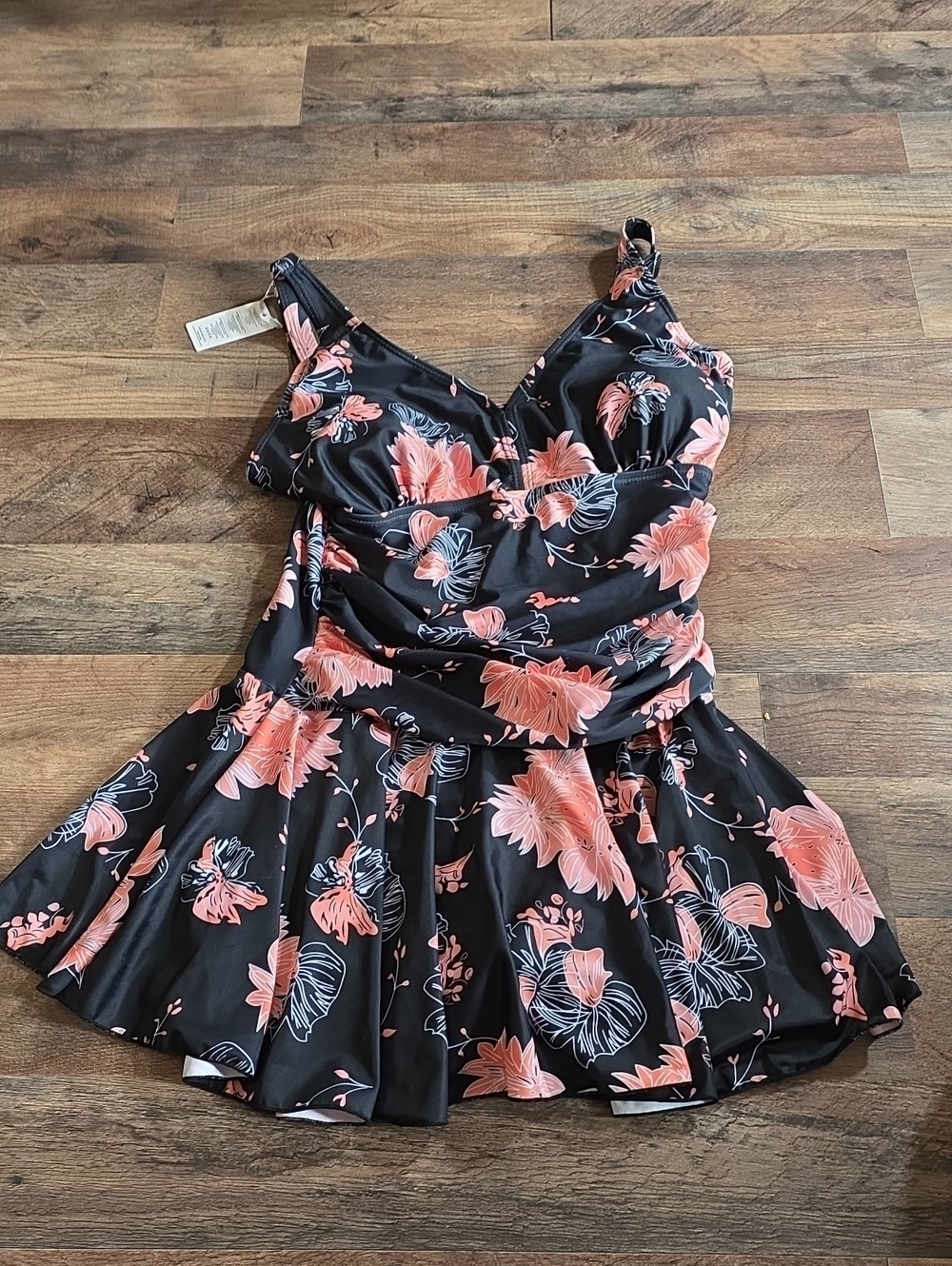 Floral Ruched One-Piece Swimdress - Black with Coral Pink Flowers
